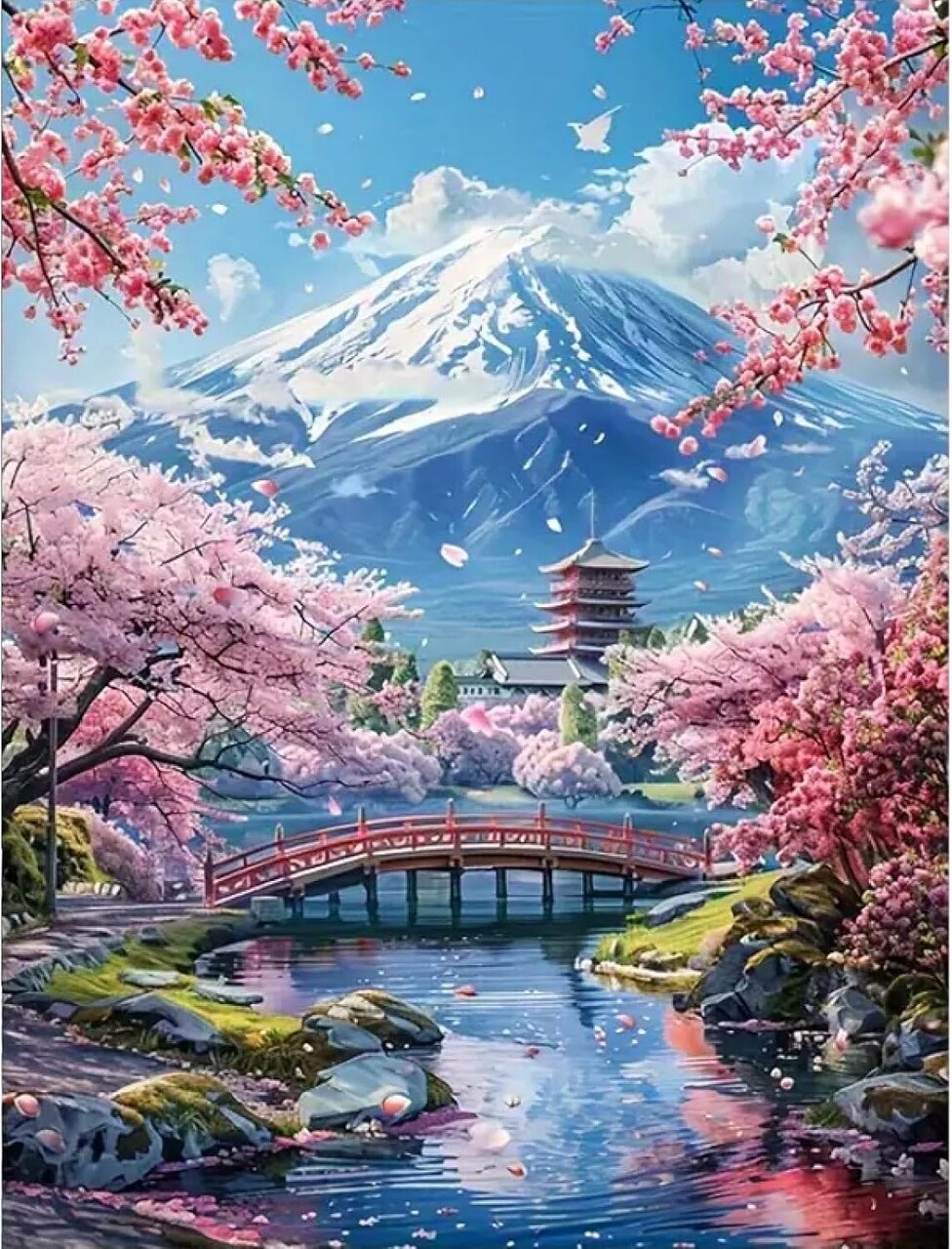 5D Mount Fuji Diamond Painting Kits for Adult, Mountain Sakura Diamond Art Kits for Beginners, DIY Full Drill Floral Diamond Dot Gem Art Kits for Home Decor 12 x 16 Inch Cherry
